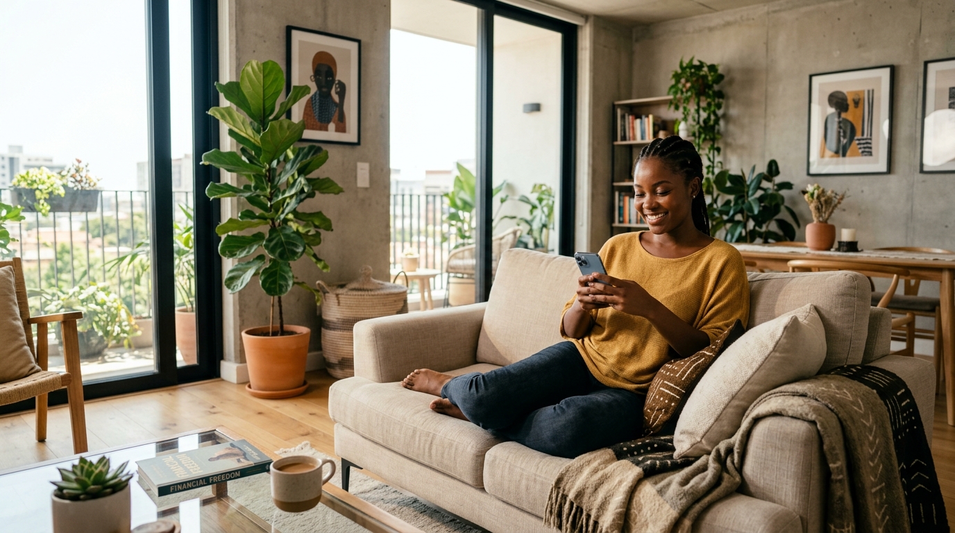 Woman smiling at her phone on a sofa