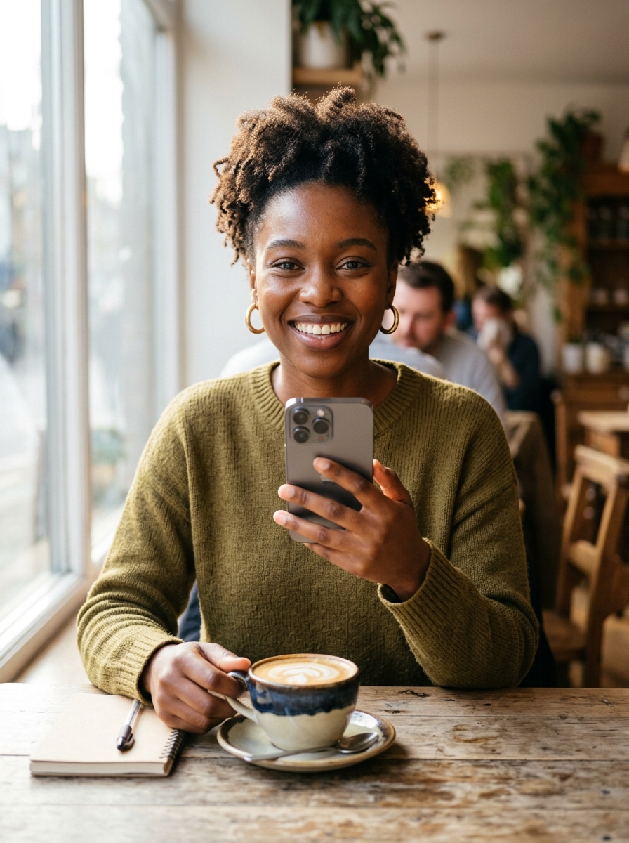 Young African woman transacting seamlessly on her phone in a cafe