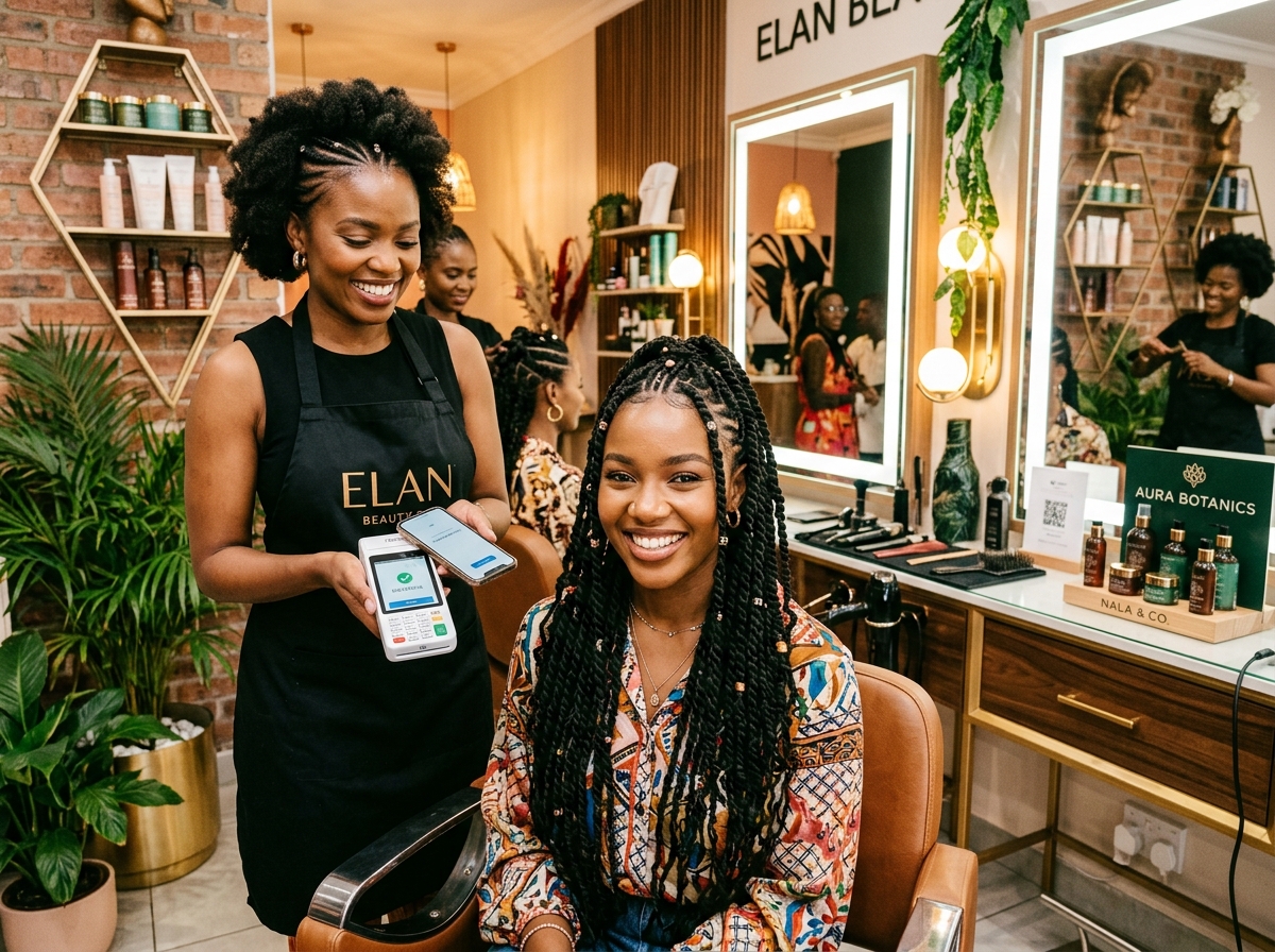African client smiling in modern beauty salon with settled payment